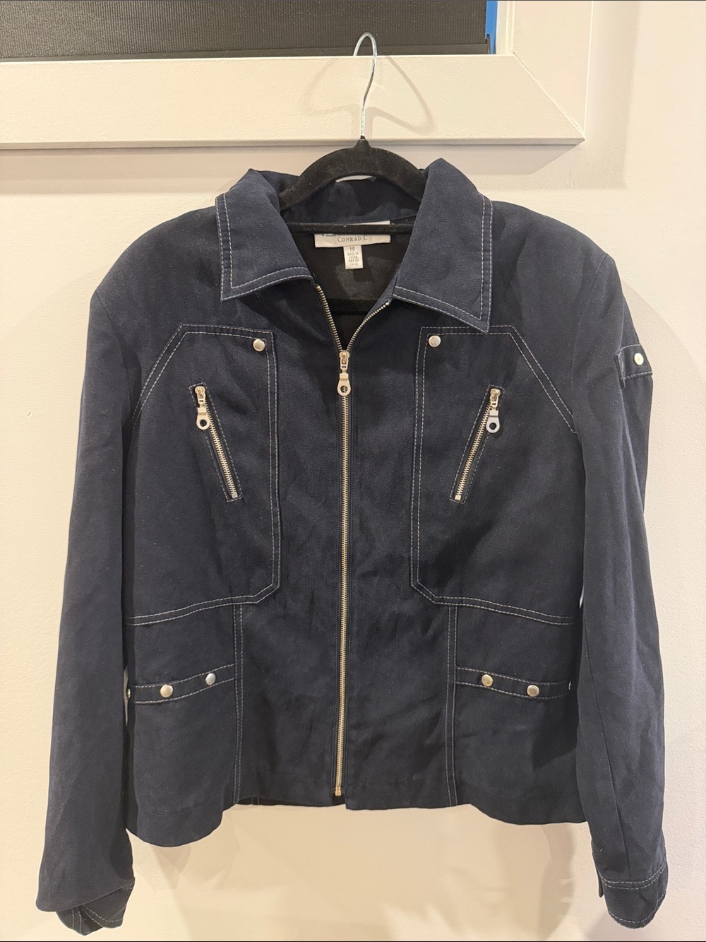 Navy Zip-Front Velvet corduroy Jacket